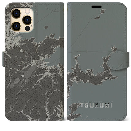 【津久見（大分県）】地図柄iPhoneケース（手帳タイプ）モノトーン・iPhone 12 Pro Max 用
