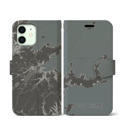 【津久見（大分県）】地図柄iPhoneケース（手帳タイプ）モノトーン・iPhone 12 mini 用