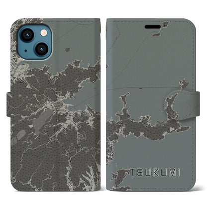 【津久見（大分県）】地図柄iPhoneケース（手帳タイプ）モノトーン・iPhone 13 用