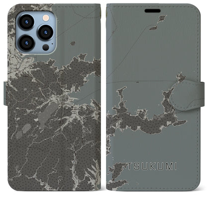 【津久見（大分県）】地図柄iPhoneケース（手帳タイプ）モノトーン・iPhone 13 Pro Max 用