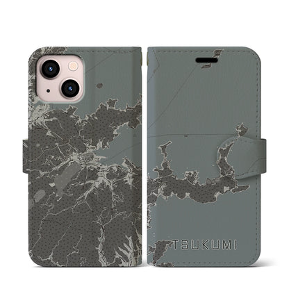 【津久見（大分県）】地図柄iPhoneケース（手帳タイプ）モノトーン・iPhone 13 mini 用