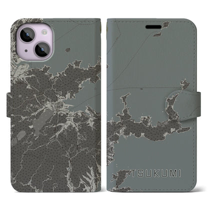【津久見（大分県）】地図柄iPhoneケース（手帳タイプ）モノトーン・iPhone 14 用