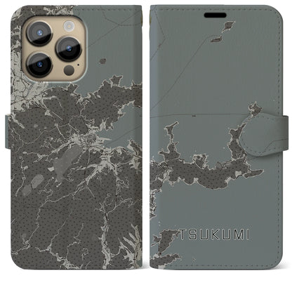 【津久見（大分県）】地図柄iPhoneケース（手帳タイプ）モノトーン・iPhone 14 Pro Max 用