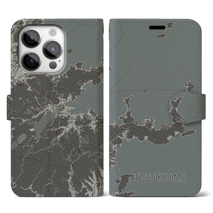 【津久見（大分県）】地図柄iPhoneケース（手帳タイプ）モノトーン・iPhone 14 Pro 用