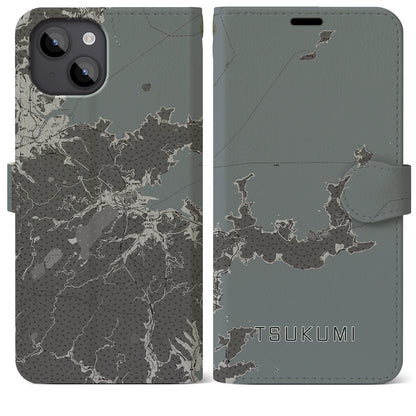 【津久見（大分県）】地図柄iPhoneケース（手帳タイプ）モノトーン・iPhone 14 Plus 用