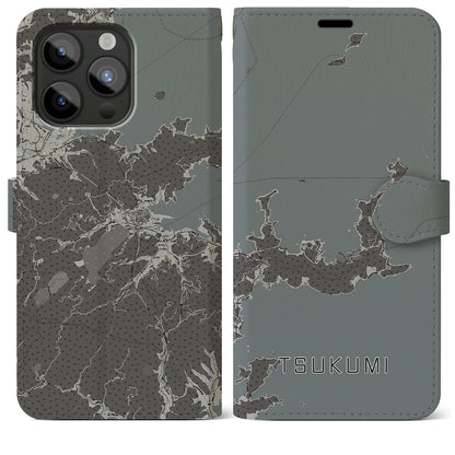 【津久見（大分県）】地図柄iPhoneケース（手帳タイプ）モノトーン・iPhone 15 Pro Max 用