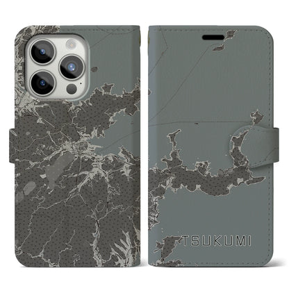 【津久見（大分県）】地図柄iPhoneケース（手帳タイプ）モノトーン・iPhone 15 Pro 用