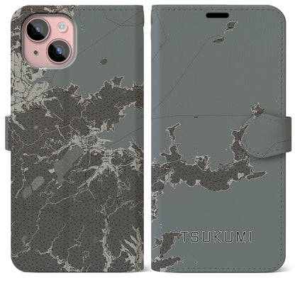 【津久見（大分県）】地図柄iPhoneケース（手帳タイプ）モノトーン・iPhone 15 Plus 用