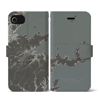【津久見（大分県）】地図柄iPhoneケース（手帳タイプ）モノトーン・iPhone SE（第3 / 第2世代） / 8 / 7 / 6s / 6 用
