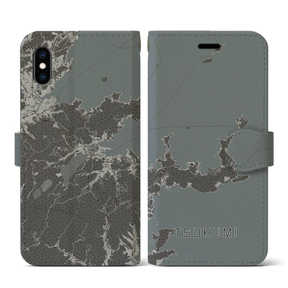 【津久見（大分県）】地図柄iPhoneケース（手帳タイプ）モノトーン・iPhone XS / X 用