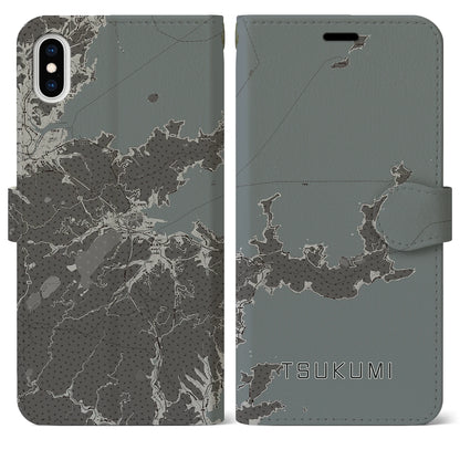 【津久見（大分県）】地図柄iPhoneケース（手帳タイプ）モノトーン・iPhone XS Max 用