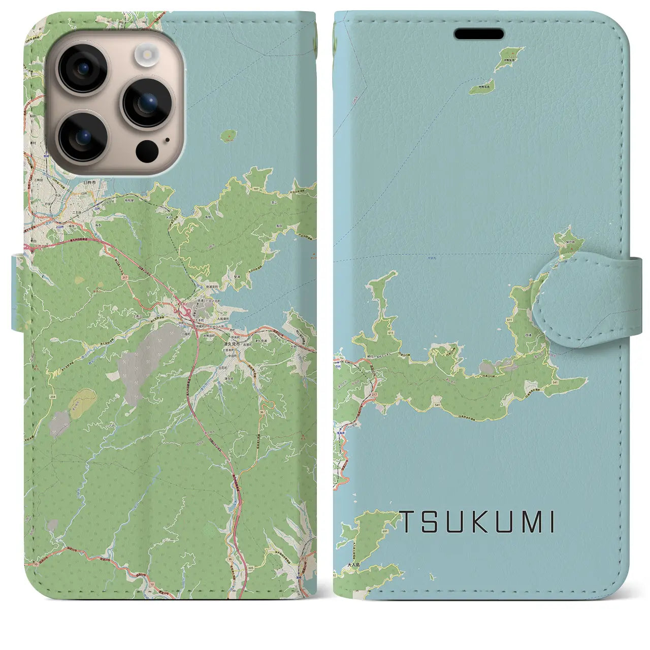 【津久見（大分県）】地図柄iPhoneケース（手帳タイプ）ナチュラル・iPhone 16 Plus 用