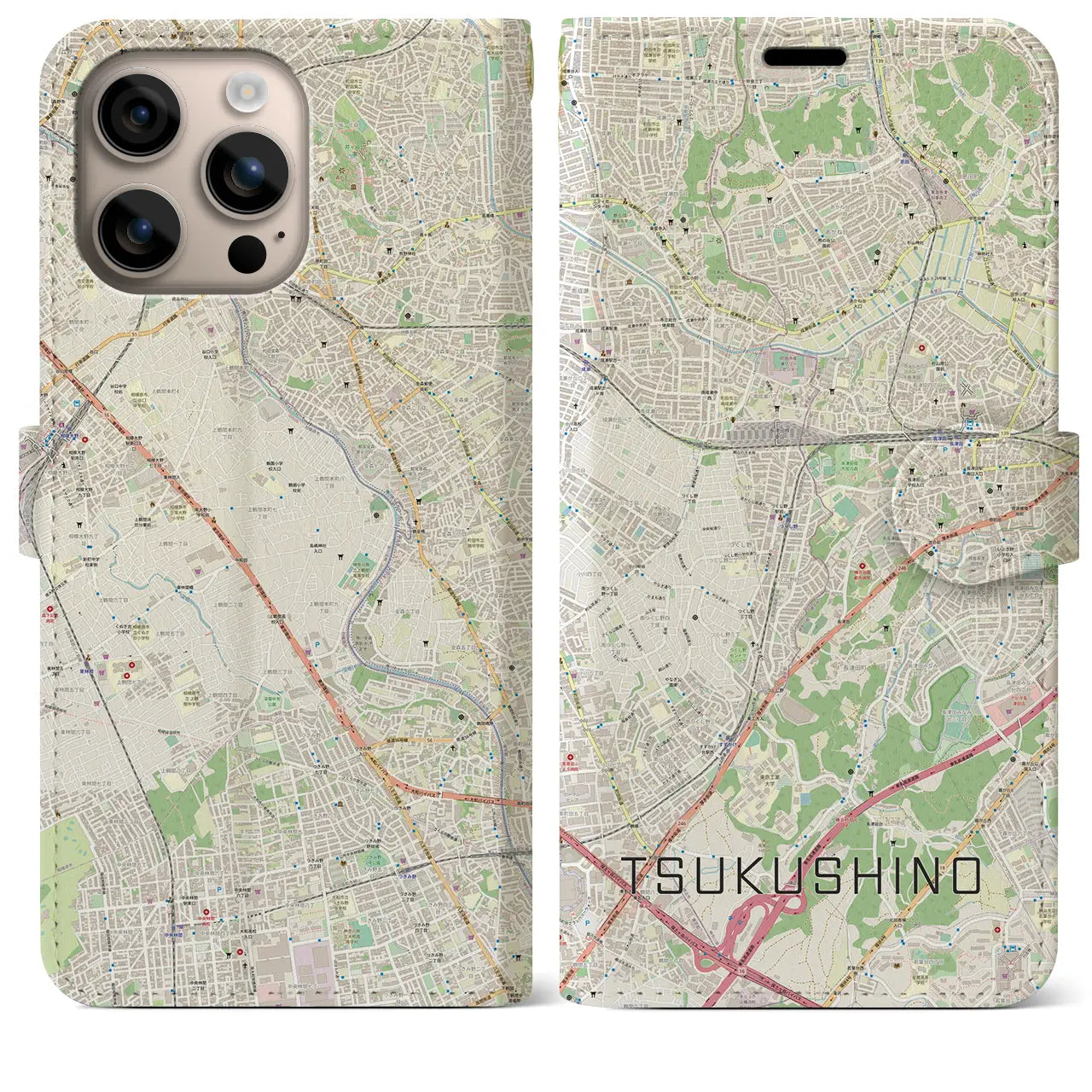 【つくし野（東京都）】地図柄iPhoneケース（手帳タイプ）ナチュラル・iPhone 16 Plus 用