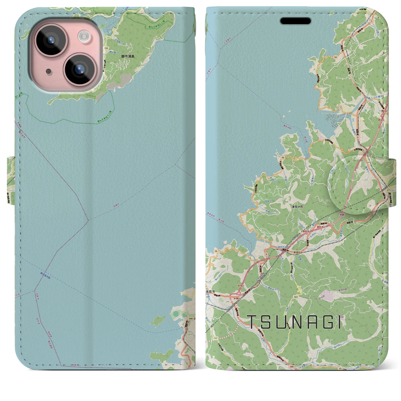 【津奈木（熊本県）】地図柄iPhoneケース（手帳タイプ）