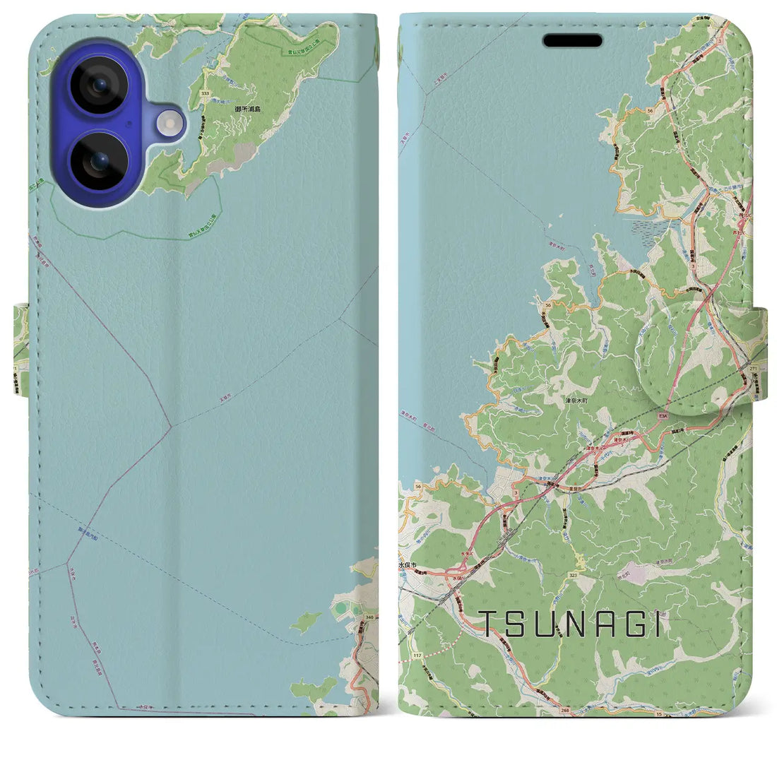 【津奈木（熊本県）】地図柄iPhoneケース（手帳タイプ）モノトーン・iPhone 16 Pro Max 用
