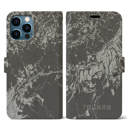 【津南（新潟県）】地図柄iPhoneケース（手帳タイプ）モノトーン・iPhone 12 / 12 Pro 用