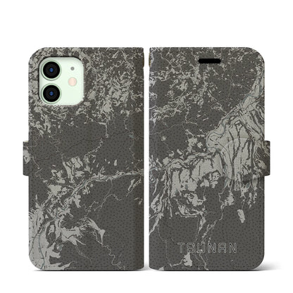 【津南（新潟県）】地図柄iPhoneケース（手帳タイプ）モノトーン・iPhone 12 mini 用
