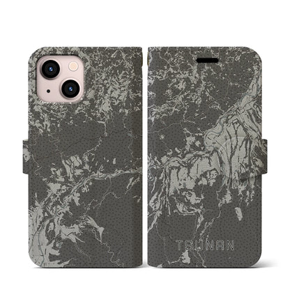 【津南（新潟県）】地図柄iPhoneケース（手帳タイプ）モノトーン・iPhone 13 mini 用