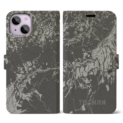 【津南（新潟県）】地図柄iPhoneケース（手帳タイプ）モノトーン・iPhone 14 用