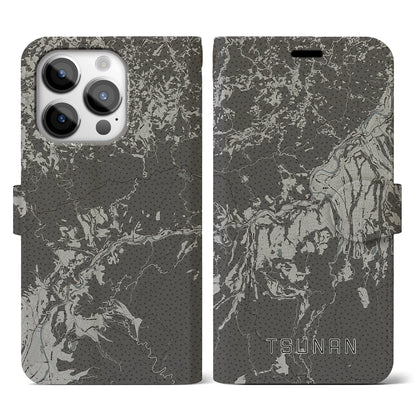 【津南（新潟県）】地図柄iPhoneケース（手帳タイプ）モノトーン・iPhone 14 Pro 用