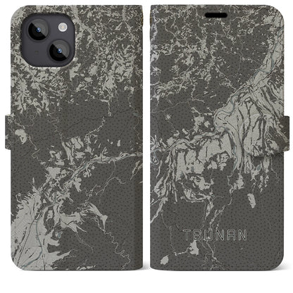 【津南（新潟県）】地図柄iPhoneケース（手帳タイプ）モノトーン・iPhone 14 Plus 用