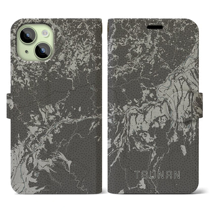【津南（新潟県）】地図柄iPhoneケース（手帳タイプ）モノトーン・iPhone 15 用