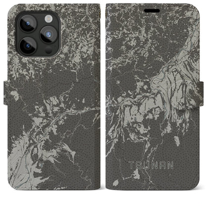 【津南（新潟県）】地図柄iPhoneケース（手帳タイプ）モノトーン・iPhone 15 Pro Max 用