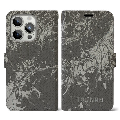 【津南（新潟県）】地図柄iPhoneケース（手帳タイプ）モノトーン・iPhone 15 Pro 用