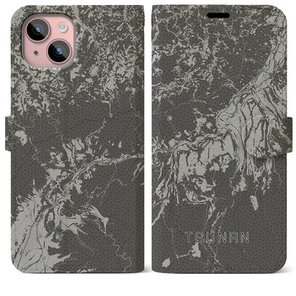 【津南（新潟県）】地図柄iPhoneケース（手帳タイプ）モノトーン・iPhone 15 Plus 用
