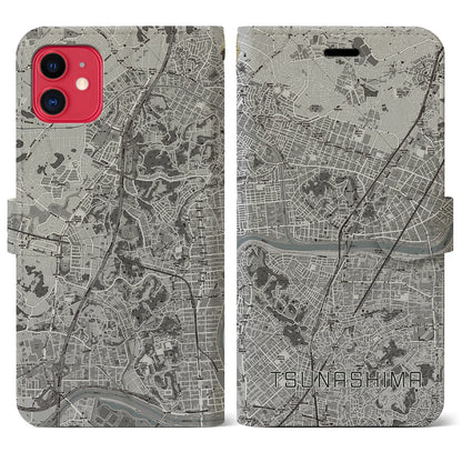 【綱島（神奈川県）】地図柄iPhoneケース（手帳タイプ）モノトーン・iPhone 11 用