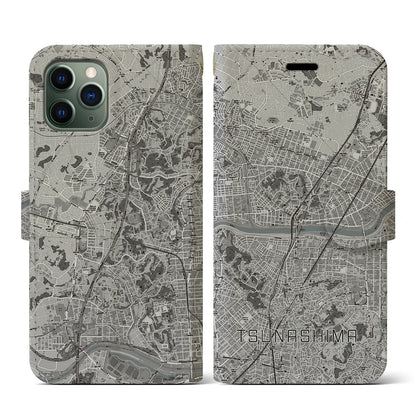 【綱島（神奈川県）】地図柄iPhoneケース（手帳タイプ）モノトーン・iPhone 11 Pro 用