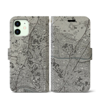 【綱島（神奈川県）】地図柄iPhoneケース（手帳タイプ）モノトーン・iPhone 12 mini 用