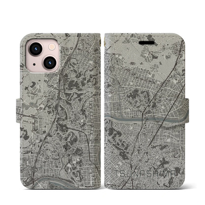 【綱島（神奈川県）】地図柄iPhoneケース（手帳タイプ）モノトーン・iPhone 13 mini 用