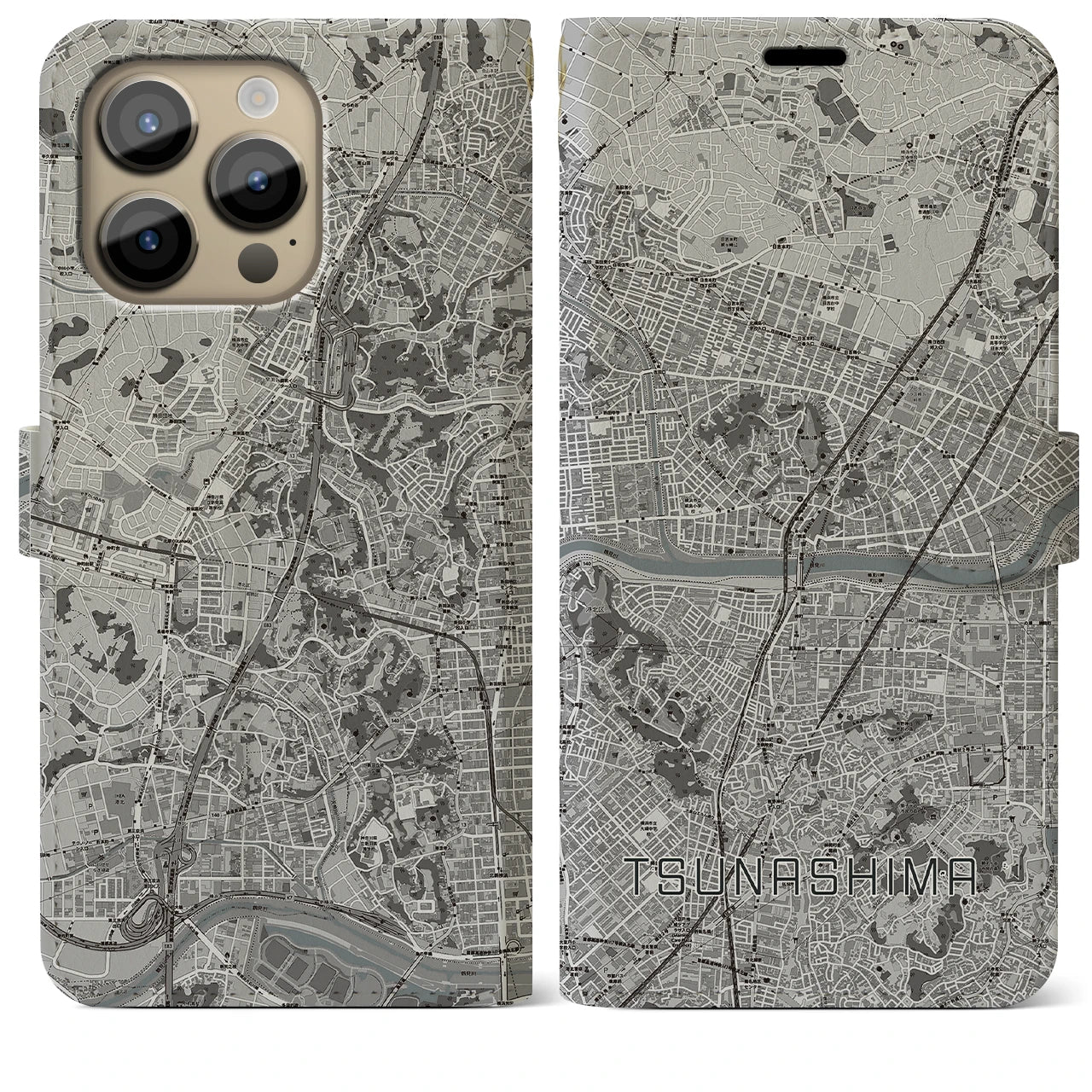 【綱島】地図柄iPhoneケース（手帳両面タイプ・モノトーン）iPhone 14 Pro Max 用