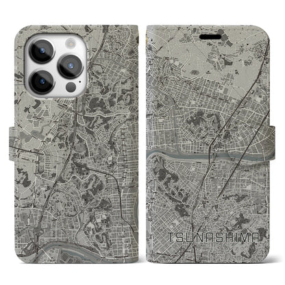 【綱島（神奈川県）】地図柄iPhoneケース（手帳タイプ）モノトーン・iPhone 14 Pro 用