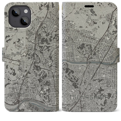 【綱島（神奈川県）】地図柄iPhoneケース（手帳タイプ）モノトーン・iPhone 14 Plus 用