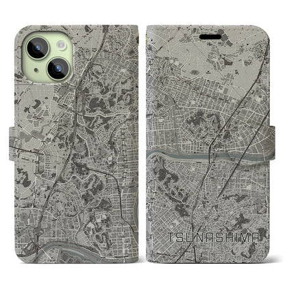 【綱島（神奈川県）】地図柄iPhoneケース（手帳タイプ）モノトーン・iPhone 15 用