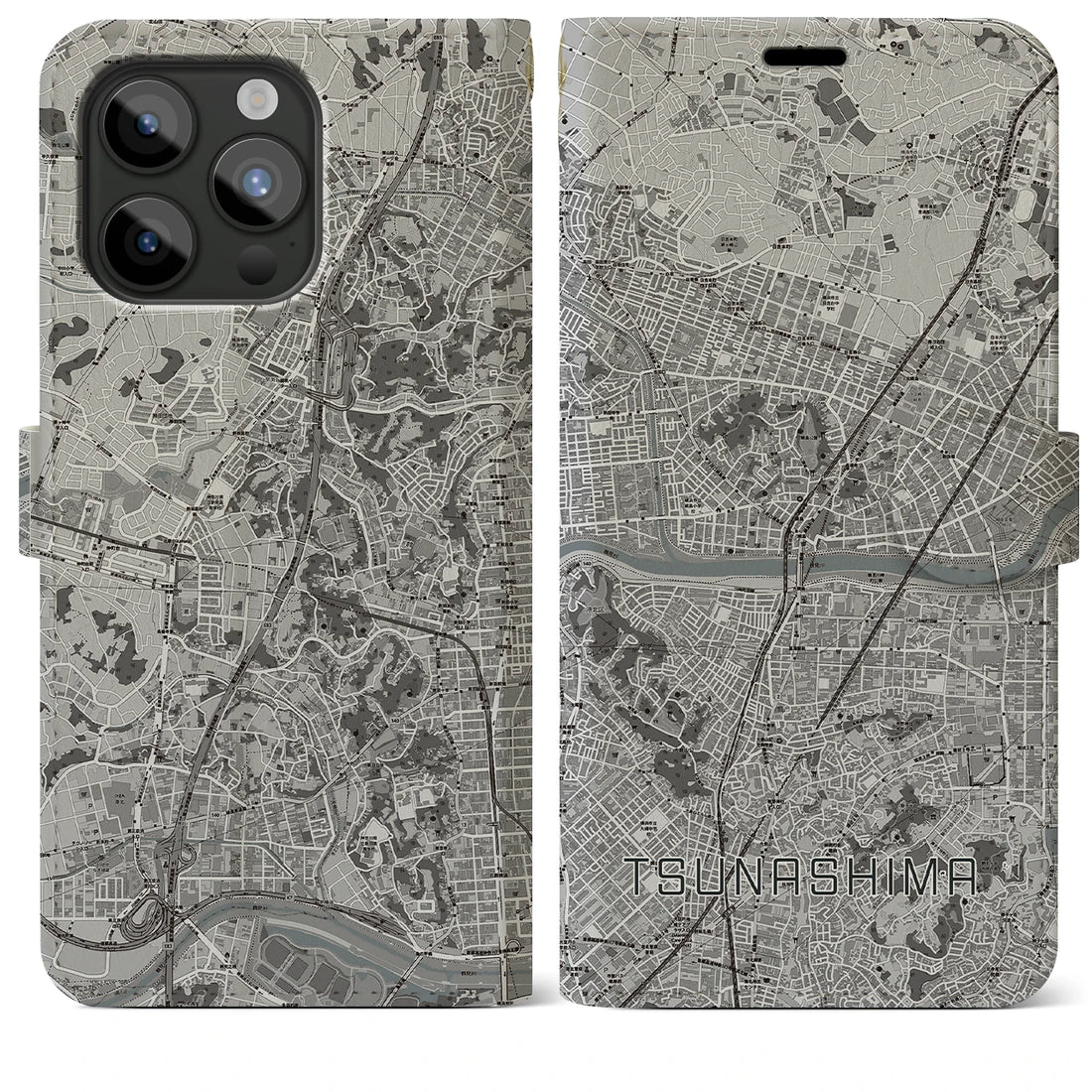 【綱島】地図柄iPhoneケース（手帳両面タイプ・モノトーン）iPhone 15 Pro Max 用