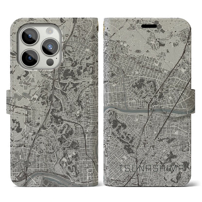 【綱島（神奈川県）】地図柄iPhoneケース（手帳タイプ）モノトーン・iPhone 15 Pro 用