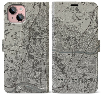 【綱島（神奈川県）】地図柄iPhoneケース（手帳タイプ）モノトーン・iPhone 15 Plus 用