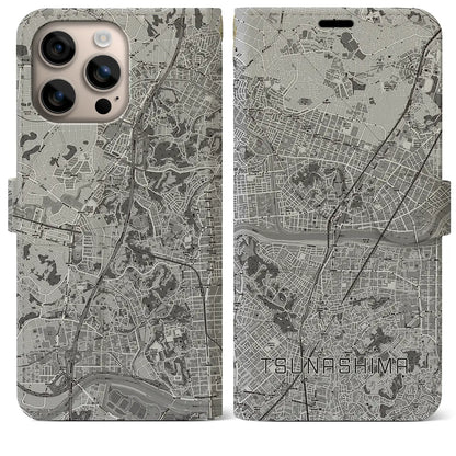 【綱島（神奈川県）】地図柄iPhoneケース（手帳タイプ）モノトーン・iPhone 16 Plus 用