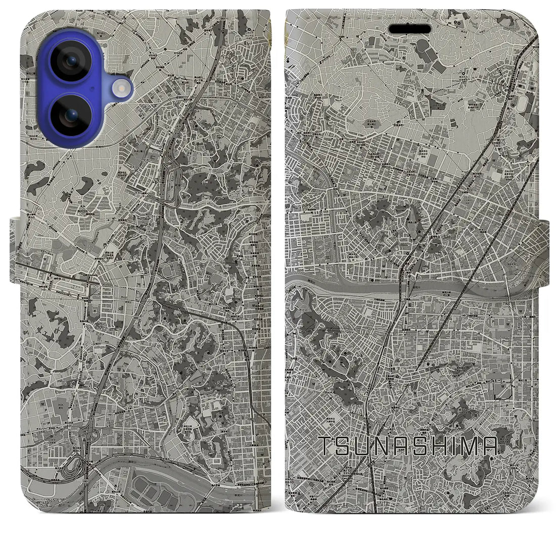 【綱島(神奈川県)】地図柄iPhoneケース(手帳タイプ)モノトーン・iPhone 16 Pro Max 用