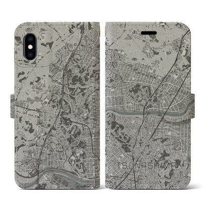 【綱島（神奈川県）】地図柄iPhoneケース（手帳タイプ）モノトーン・iPhone XS / X 用