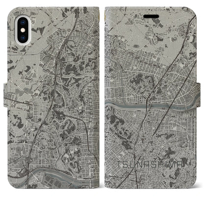 【綱島（神奈川県）】地図柄iPhoneケース（手帳タイプ）モノトーン・iPhone XS Max 用