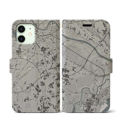 【常澄（茨城県）】地図柄iPhoneケース（手帳タイプ）モノトーン・iPhone 12 mini 用