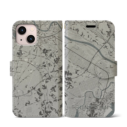 【常澄（茨城県）】地図柄iPhoneケース（手帳タイプ）モノトーン・iPhone 13 mini 用