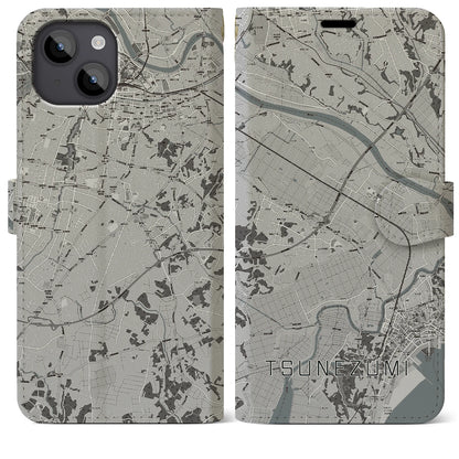 【常澄（茨城県）】地図柄iPhoneケース（手帳タイプ）モノトーン・iPhone 14 Plus 用