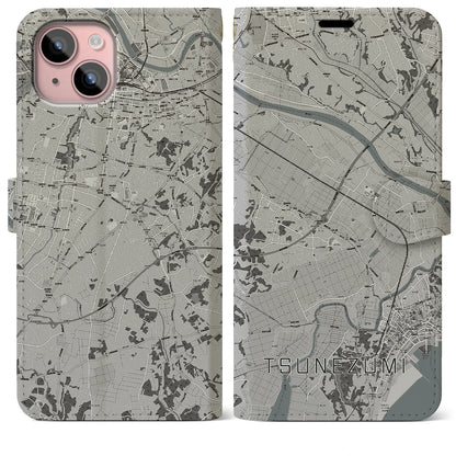 【常澄（茨城県）】地図柄iPhoneケース（手帳タイプ）モノトーン・iPhone 15 Plus 用