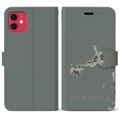 【角島（山口県）】地図柄iPhoneケース（手帳タイプ）モノトーン・iPhone 11 用