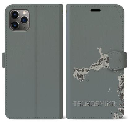 【角島（山口県）】地図柄iPhoneケース（手帳タイプ）モノトーン・iPhone 11 Pro Max 用